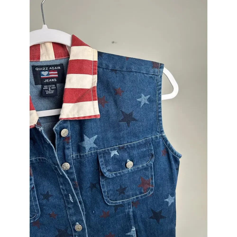 Vintage Americana Denim Vest Small Flag Collar Star Print Western USA Patriotic - Picture 5 of 8